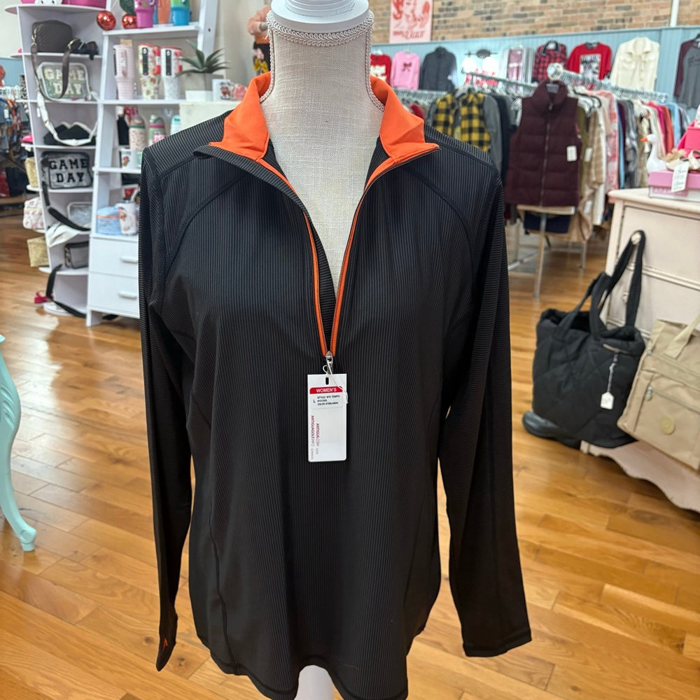 Women's Antigua Black Orange Striped Long Sleeve Tee L - Picture 2 of 6